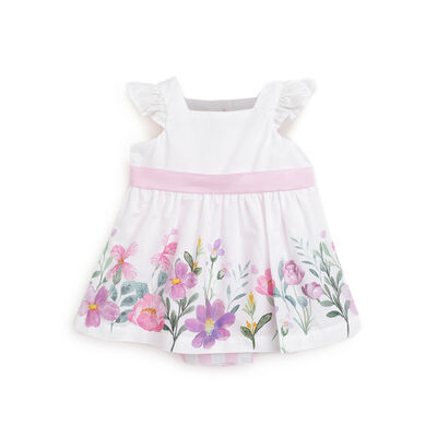 Girls White and Pink Floral Printed Short Sleeve Rompers